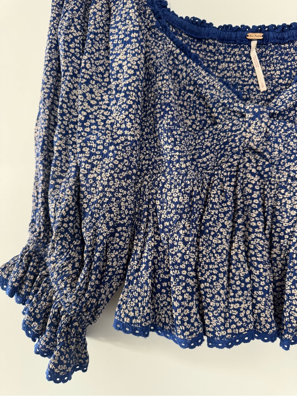 Free People Blue Floral Smocked Peasant Blouse